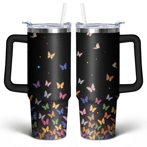 Colorful Gradient Butterfly 30 Oz Tumbler with Handle Lid and Straw, Stainless Steel Double Walled Vacuum Insulated Cup, Cute Birthday Gifts Tumbler for Women Men Friends