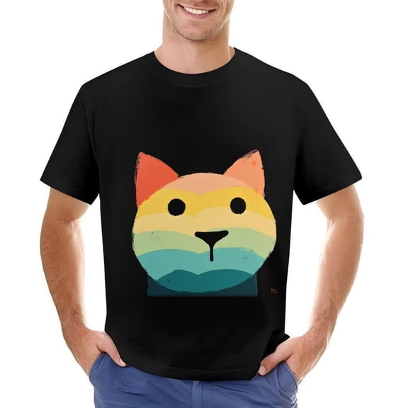Colorful Gradient Cat Face Design Cotton Short Sleeve T-Shirt for Men - Playful Artistic Style Round Neck Tee