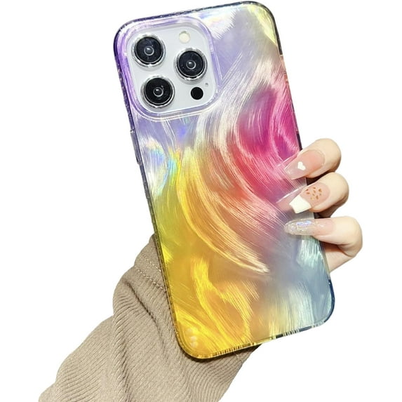 Colorful Gradient Feather Pattern Holographic Laser Compatible with iPhone Case (Colorful,iPhone 15)