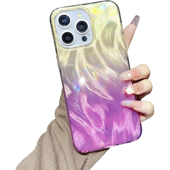 Colorful Gradient Feather Pattern Holographic Laser Compatible with iPhone Case (Yellow Purple,iPhone 14)