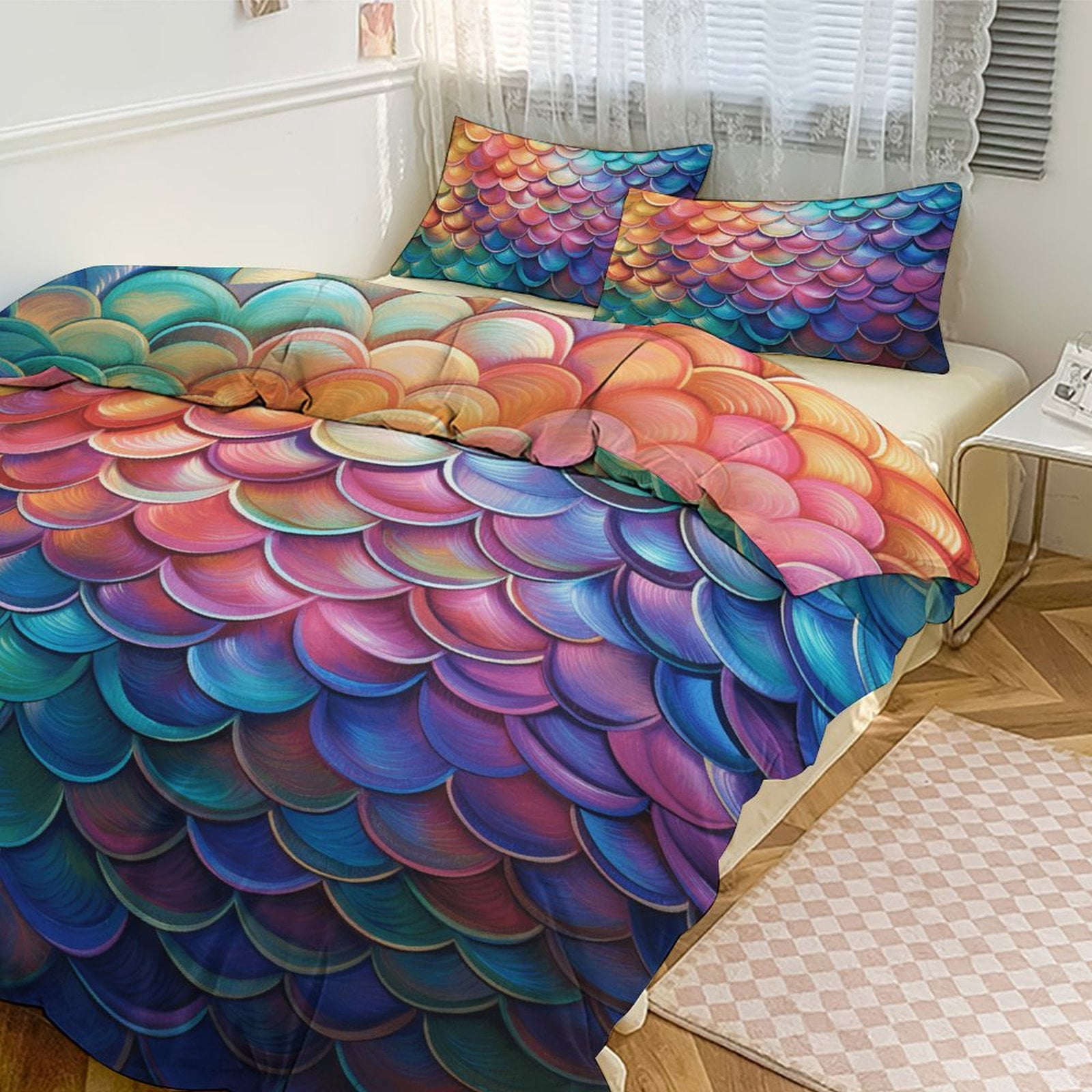 Purple Mermaid Teal Scales Pattern Print Duvet Cover Bedding Set