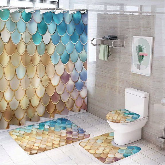 Colorful Gradient Fish Scale Texture Mermaid 4pcs Shower Curtain Decoration ,modern Home Decoration, Waterproof Shower Curtain