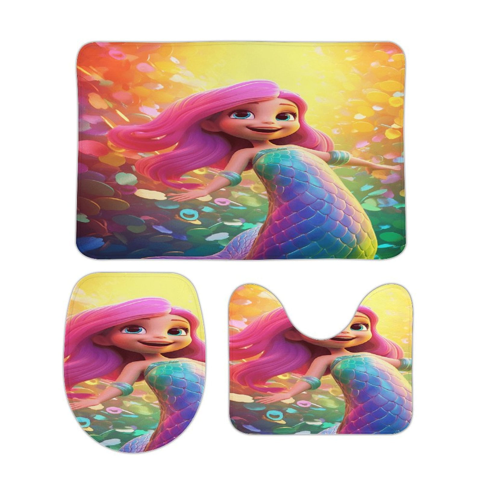 Colorful Gradient Fish Scale Texture Mermaid Bathroom Rugs Set 3 Piece ...