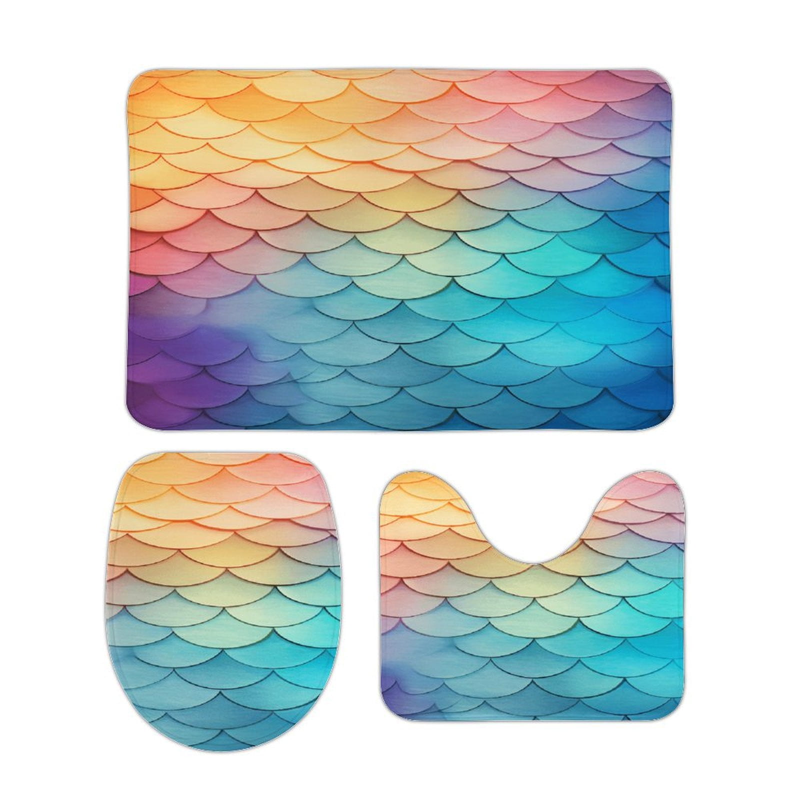 Colorful Gradient Fish Scale Texture Mermaid Bathroom Rugs Set 3 Piece ...