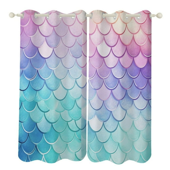 Colorful Gradient Fish Scale Texture Mermaid Blackout Curtains, Watercolor Pattern Window Treatment Grommet Curtains for Bedroom Thermal Insulated Window Curtains for Living Room 2 Panel Set