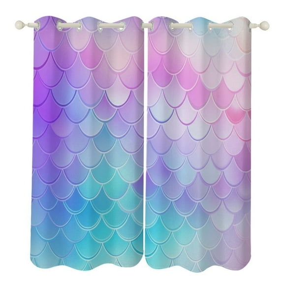 Colorful Gradient Fish Scale Texture Mermaid Blackout Window Curtains for Bedroom Living Room Kicthen High Shading 2 Panels
