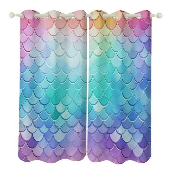 Colorful Gradient Fish Scale Texture Mermaid Curtains Watercolor Theme Window Curtains Grommet Blackout Drapes for Living Room Bedroom
