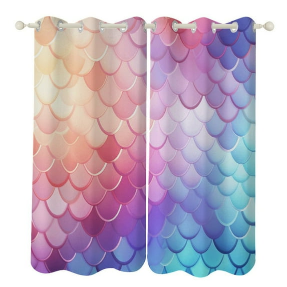 Colorful Gradient Fish Scale Texture Mermaid Curtains Watercolor Theme Window Curtains Grommet Blackout Drapes for Living Room Bedroom