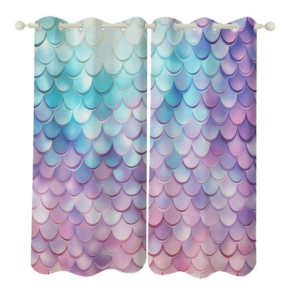 Colorful Gradient Fish Scale Texture Mermaid Window Curtains for Bedroom Colorful Printed Window Drapes Blackout Thermal Insulated Grommet Window Treatment 2 Panels Set