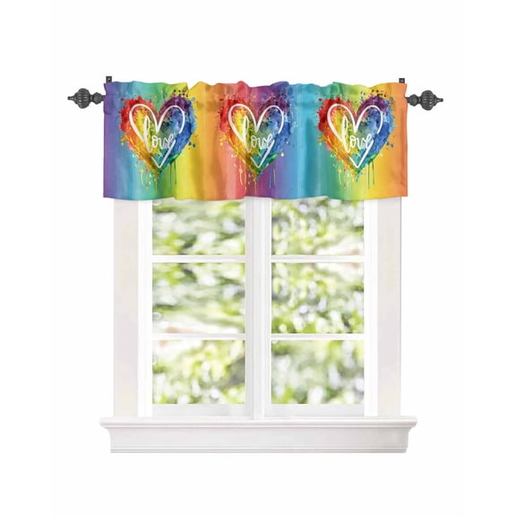 Colorful Gradient Love Heart Window Valances for Kitchen,Rod Pocket Valance Privacy Small Curtain,Watercolor Rainbow Stripes Window Treatment Drapes for Bedroom Laundry Room Farmhouse 54x18in