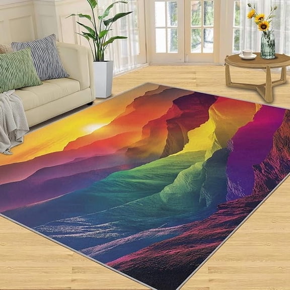 Colorful Gradient Mountains Rugs for Bedroom, Colorful Layered Mountains Area Rug, Natural Scenery Rugs for Living Room, Indoor Non-Slip Rug, Machine Washable Carpet for Front Entrance Floor 2 x 3ft