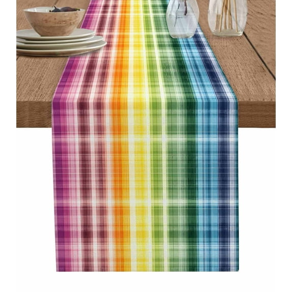 Colorful Gradient Plaid Table Runner Cotton Linen 120 Inch Holiday Dresser Scarves,Ombre Abstract Modern Check Tablerunner for Kitchen Coffee Dining Bedroom Living Room Dinner Scarf Décor 13''x120''