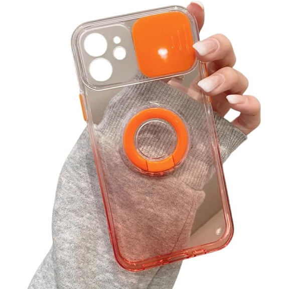 Colorful Gradient Push Window Finger Ring Case with Hidden Finger Ring Holder, Drop and Wear Resistant for iPhone 15 14 13 12 11 Pro Max Plus XS XR X Phone Case (Orange,iPhone 15 Pro)