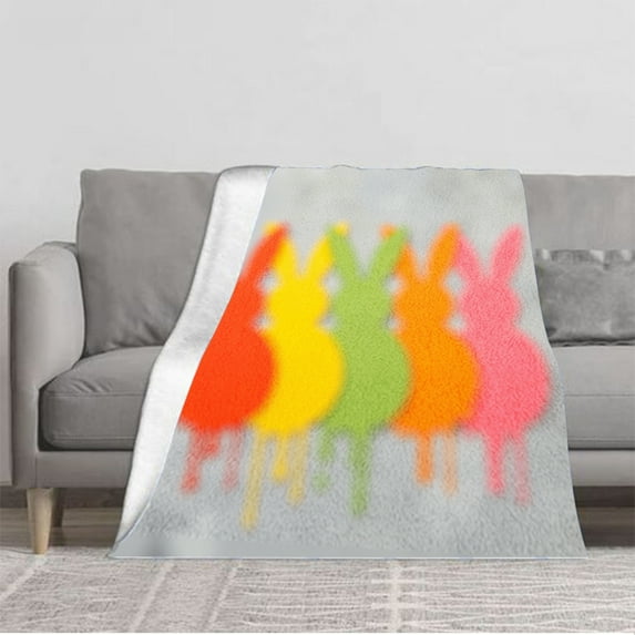 Colorful Gradient Rabbit Silhouettes Flannel Blanket - Soft Warm Cozy for Sofa Travel Bed Chair - Artistic Dripping Design