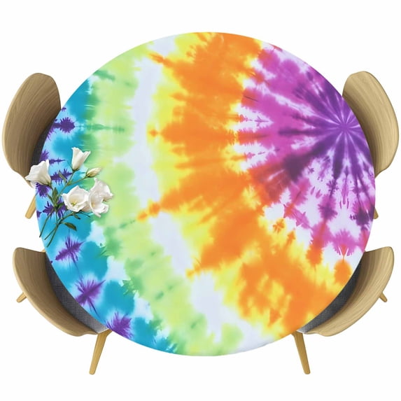 Colorful Gradient Round Fitted Table Cover Marble Texture Abstract Art Waterproof Table Cloth with Elastic Edge Wipeable Tablecloth for Picnic Camping Party Fits 45"-54" Diameter