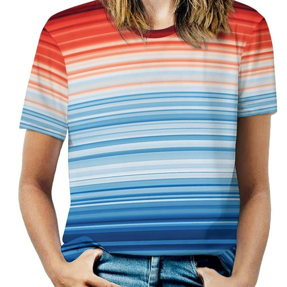 Colorful Gradient Stripes Womens Tops Women's Fashion Casual Short Sleeve Flower Print Round Neck Pullover Top Blouse