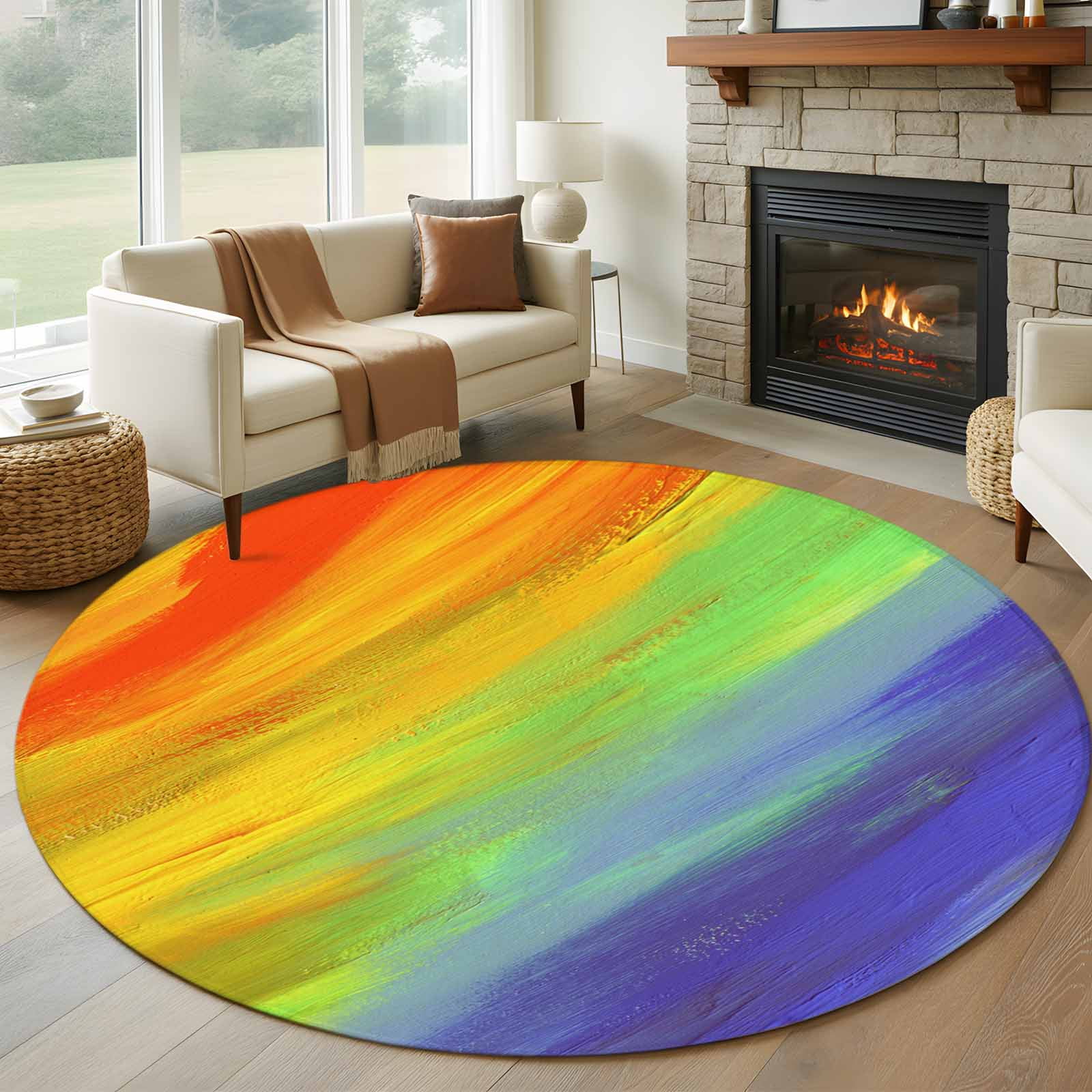 Colorful Gradual Round Rugs for Living Room 6ft Watercolor Rainbow ...