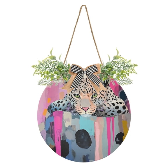 Colorful Graffiti Leopard Front Door Porch Decoration Hanging Sign with Artificial Green Plants and Bow for Home Outdoor Indoor