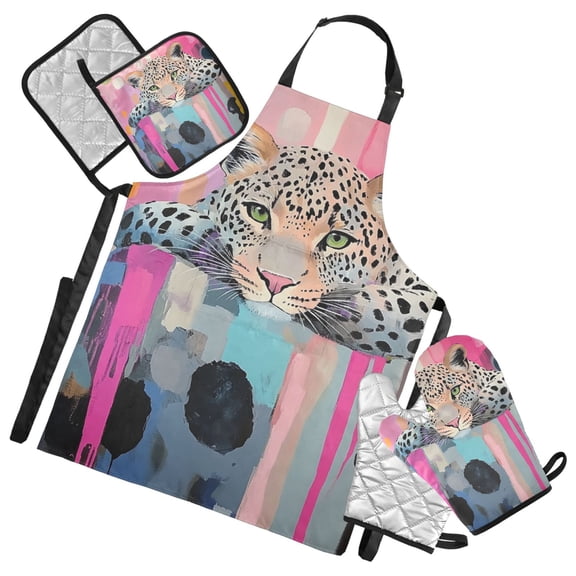 Colorful Graffiti Leopard Oven Mitts and Pot Holders with Chef Apron Set 5 Pcs Kitchen Cooking Set
