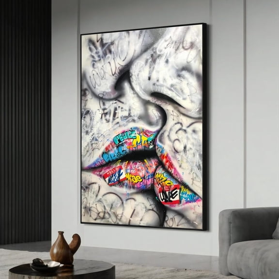 Colorful Graffiti Lips Canvas Painting - Urban Street Art Style Inspired By Banksy, Bold Wall Décor And Unique Gift For Art Lovers, Unframed Canvas Size 8x12