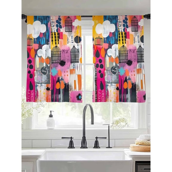 Colorful Graffiti Oil Painted Sheer Curtains 45 Inches Long 2 Panels Abstract Art Modern Contemporary Light Filtering Semi Sheer Window Curtains Drapes for Bedroom Living Room 52"x45"
