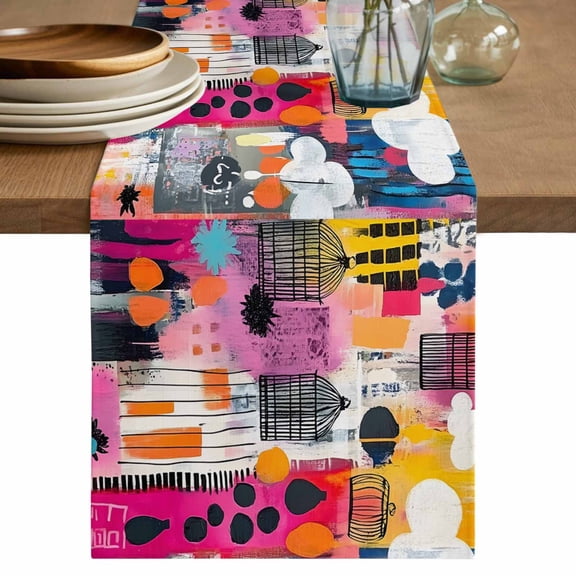 Colorful Graffiti Oil Painted Table Runner, Abstract Art Modern Contemporary Cotton Linen Kitchen Table Decoration Washable Dining Tabletop Runners for Home Party Decor 13x36 Inches