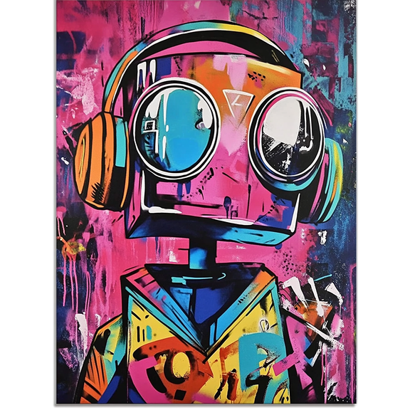 Colorful Graffiti Robot Headphone Canvas Art PrintSuitable for Living RoomBedroomOfficeBathroomKids Room Decoration