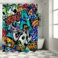 thumbnail image 1 of Colorful Graffiti Shower Curtain Music Sports Game Cartoon Text Graffiti Style Abstract Art Home Decoration Fabric Shower Curtain , various specifications (including hooks), 1 of 7