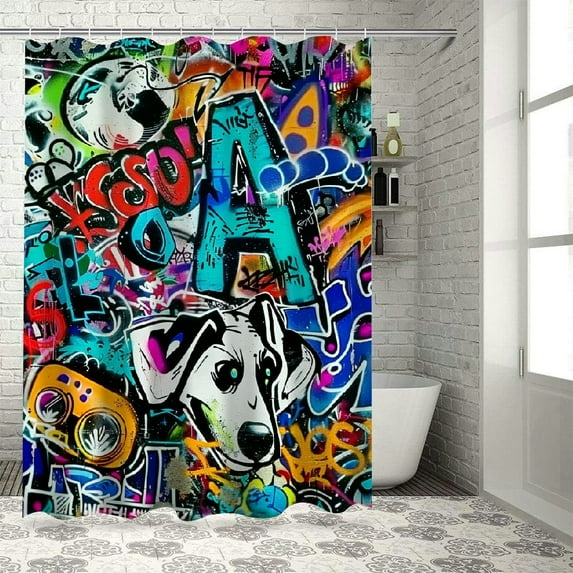 Colorful Graffiti Shower Curtain Music Sports Game Cartoon Text Graffiti Style Abstract Art Home Decoration Fabric Shower Curtain , various specifications (including hooks)