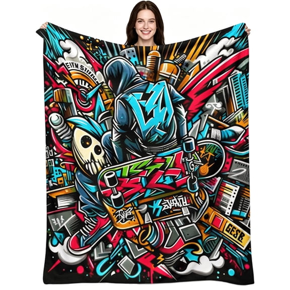 Colorful Graffiti Street Skateboard Art, Soft Warm Flannel Fleece, Graffiti Hip Hop Urban, Throw Blanket, Cozy Warm, Home Decor, Couch Bed Living Room