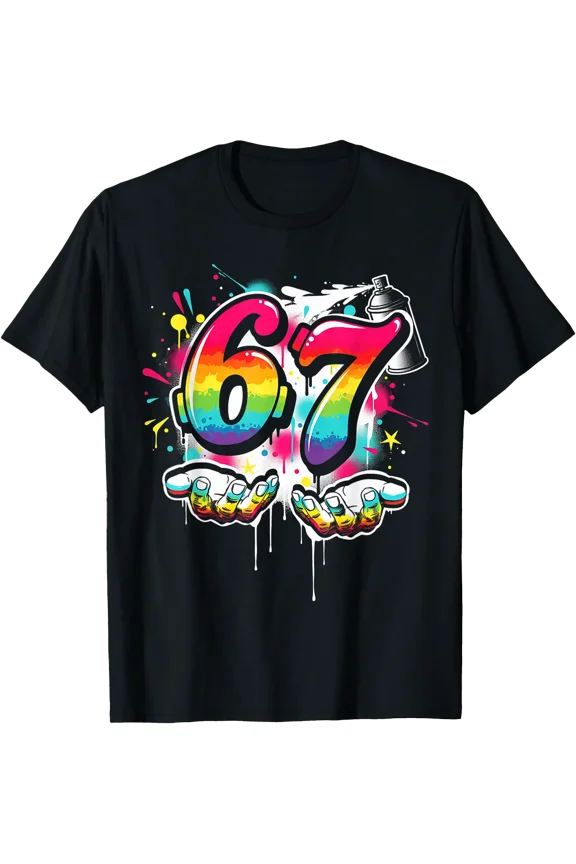 Colorful Graffiti Style 67 Number T-Shirt for Trendy Streetwear Enthusiasts