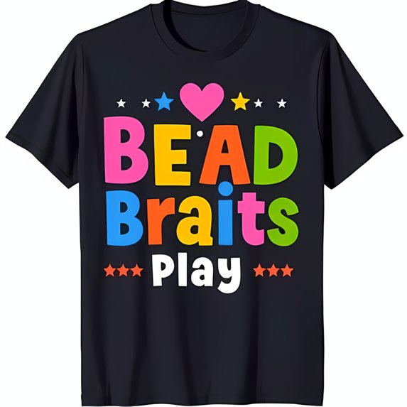 Colorful Graphic Black T-Shirt 'Bead Braits Play' with Heart & Stars Design Short Sleeve Neck