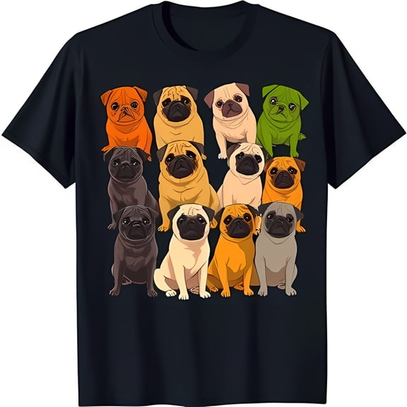 Colorful Graphic Black T-Shirt Featuring 10 Adorable Pugs in Three Rows