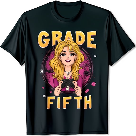 Colorful Graphic Black T-Shirt Featuring Gamer Girl with Controller Grade Fifth Design