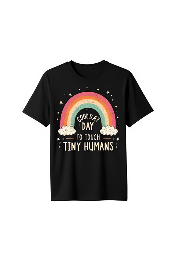 Colorful Graphic Black T-Shirt Good Day To Tiny Humans with Stars & Clouds