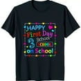 thumbnail image 1 of Colorful Graphic Black T-Shirt: 'Happy First Day School' with Rainbow Hearts, 1 of 5