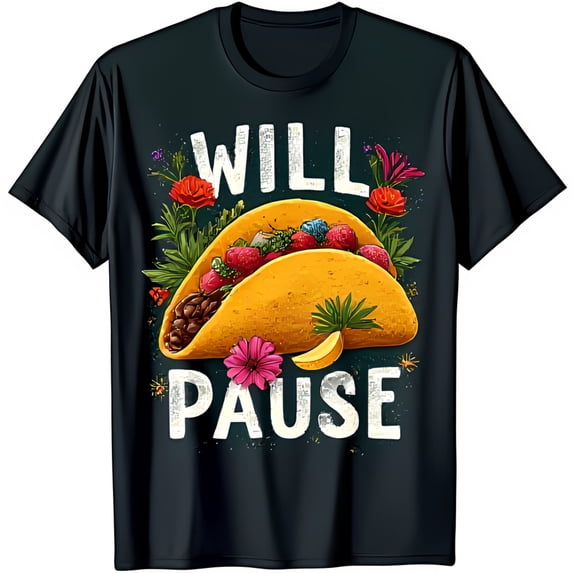 Colorful Graphic Black T-Shirt WILL PAUSE Glittery Text & Floral Design