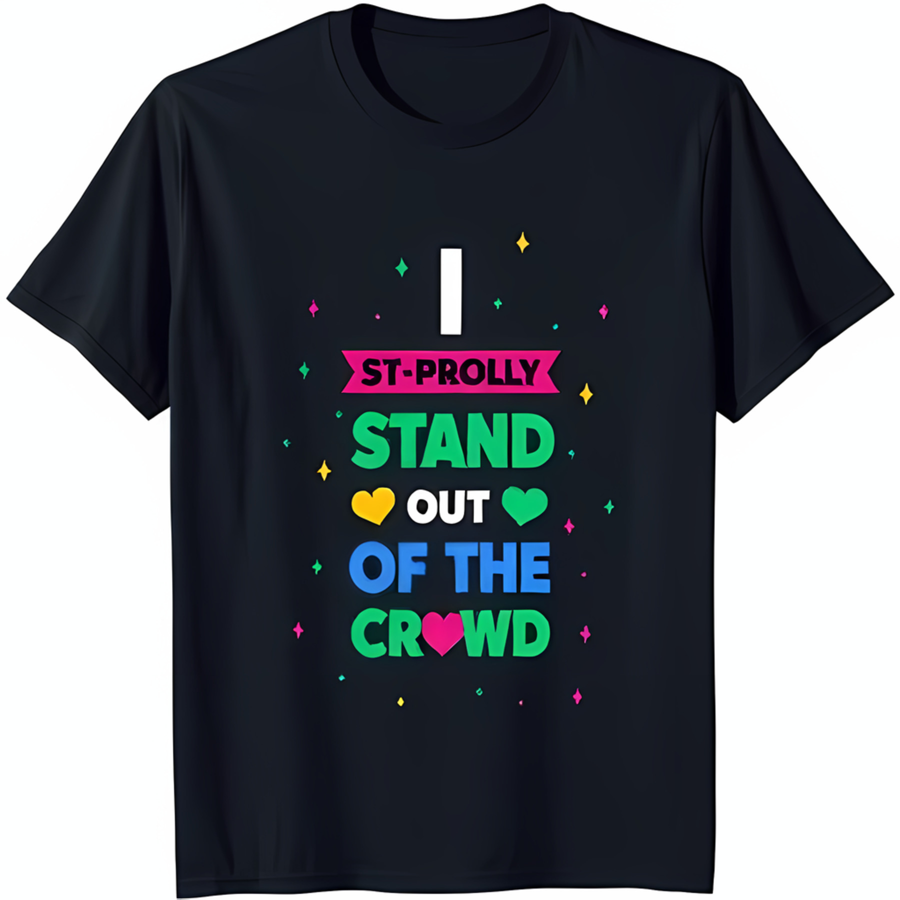 Colorful Graphic Black T-Shirt with Fun 'I St Prolly Stand Out' Design