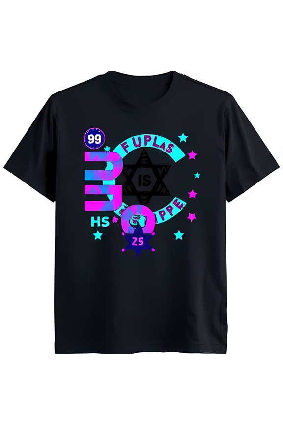 Colorful Graphic Black T-Shirt with 'Fuplas G U Stripe' & 'HS 99 25'
