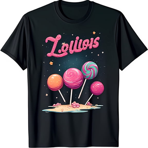 Colorful Graphic Black T-Shirt with Lollious Design & Lollipops