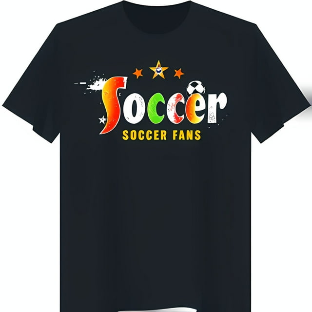 Colorful Graphic Black TShirt with Playful 'Soccer' Design Stars
