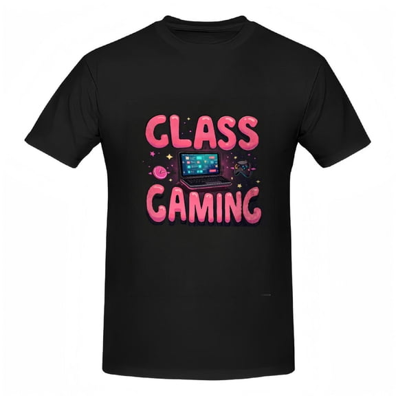 Colorful Graphic Cotton Short Sleeve T-Shirt - " CLASS GAMING " in Bold Pink with Laptop & Controller Design Fun Playful Elements