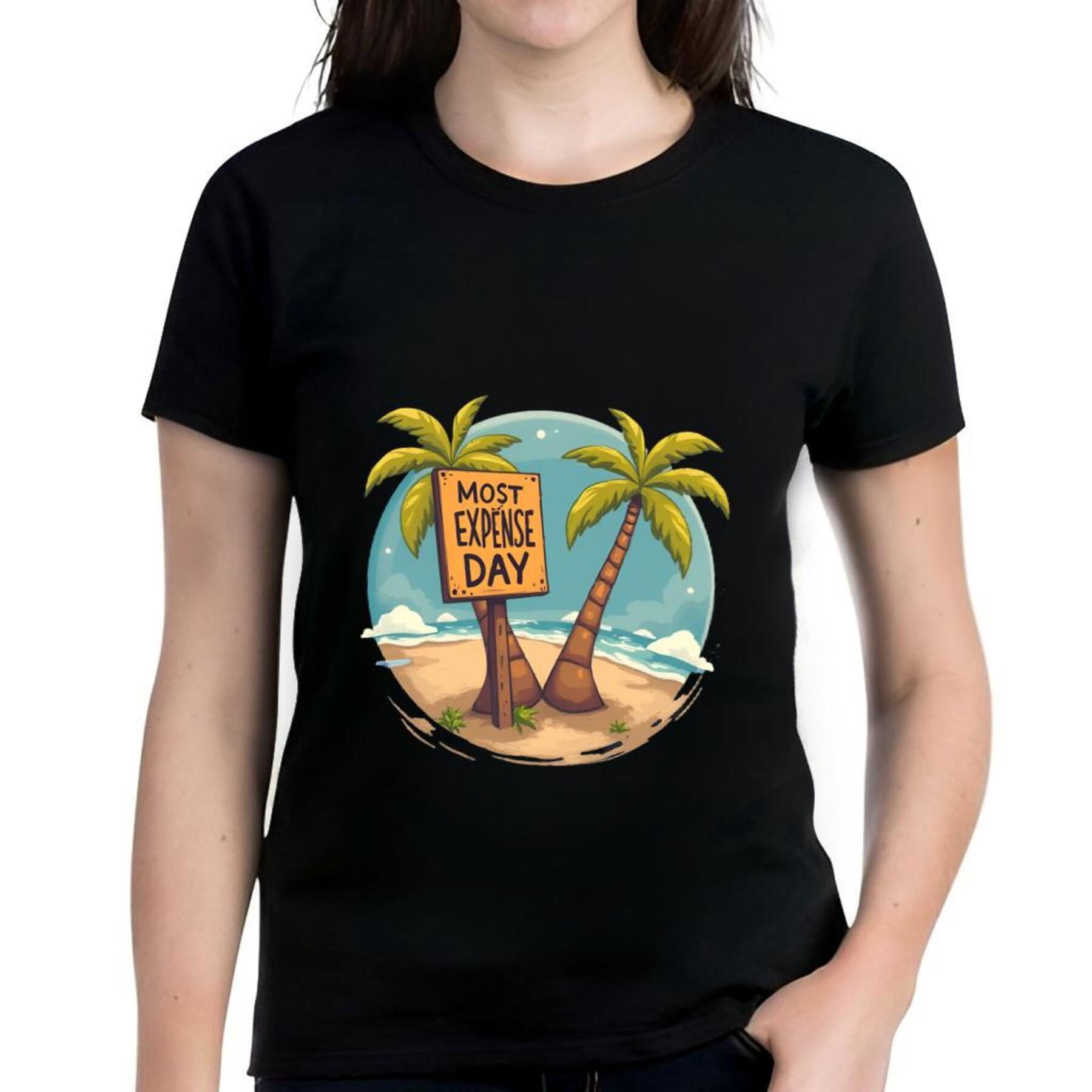 Colorful Graphic Cotton Short Sleeve T-Shirt - Trees Sandy Beach