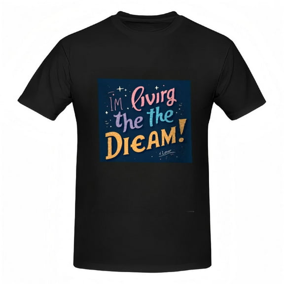 Colorful Graphic Cotton Short Sleeve T-Shirt for Women - ' I ' m Living the DREAM ' with Pastel Text on Dark Blue Starry Background