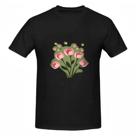 Colorful Graphic Cotton Short Sleeve T-Shirt for Women - Pink Tulips & Green Hearts Design on Black Tee