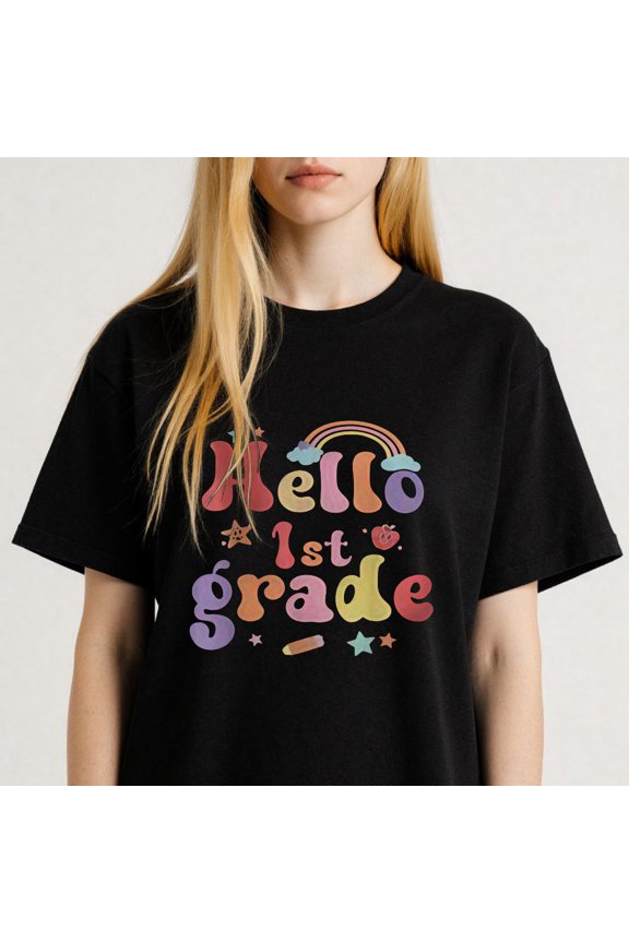 Colorful Graphic for First Graders Hello 1st Grade Casual Tee print T Shirt