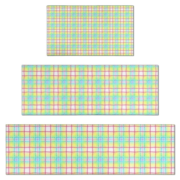 Colorful Grid Checkered Pattern Kitchen Rugs Sets Of 3,Kitchen Runner Rugs Non Skid Washable,Decorative Kitchen Floor Mats for Kitchen,Sink,Laundry,17"x30"+ 17"x47" + 17"x59"
