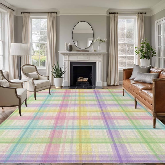 Colorful Grid Plaid 5'x8' Area Rug for Living Room, Country Vintage Simple Geometric Washable Non-Slip Rugs for Bedroom Nursery Dining Room, StainResistant Low-Pile Kitchen Carpet Large Entryway Rugs