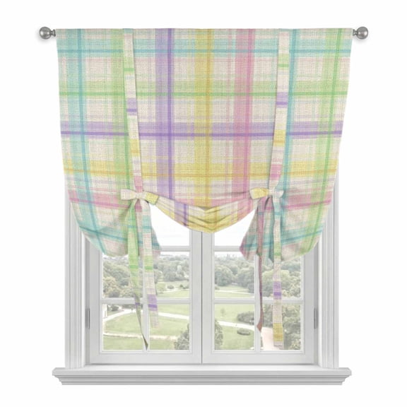 Colorful Grid Plaid Tie Up Curtains 45 Inches Long, Kitchen Window Curtains Over Sink, Country Vintage Simple Geometric Small Window Curtains Shade Balloon Curtains Valances for Bedroom/Cafe 34"x45"
