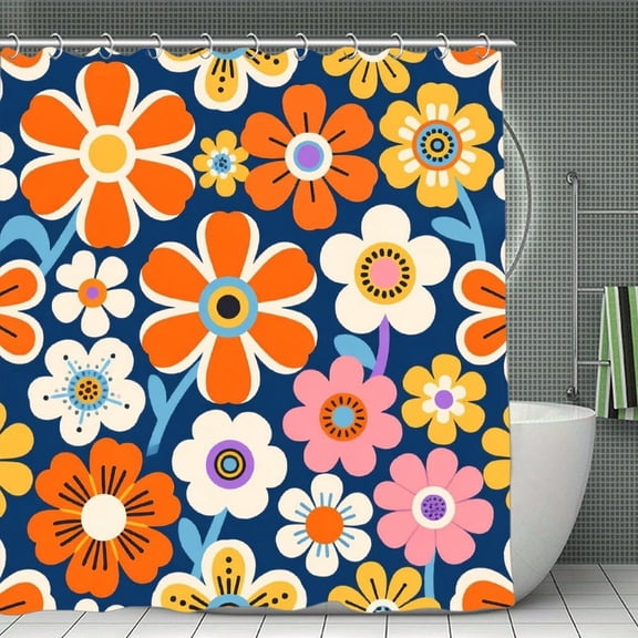 Colorful Groovy Flowers Print Shower Curtain,Modern Fabric Waterproof Shower Curtain Set with Hooks 70.8×70.8Inch (180×180cm)